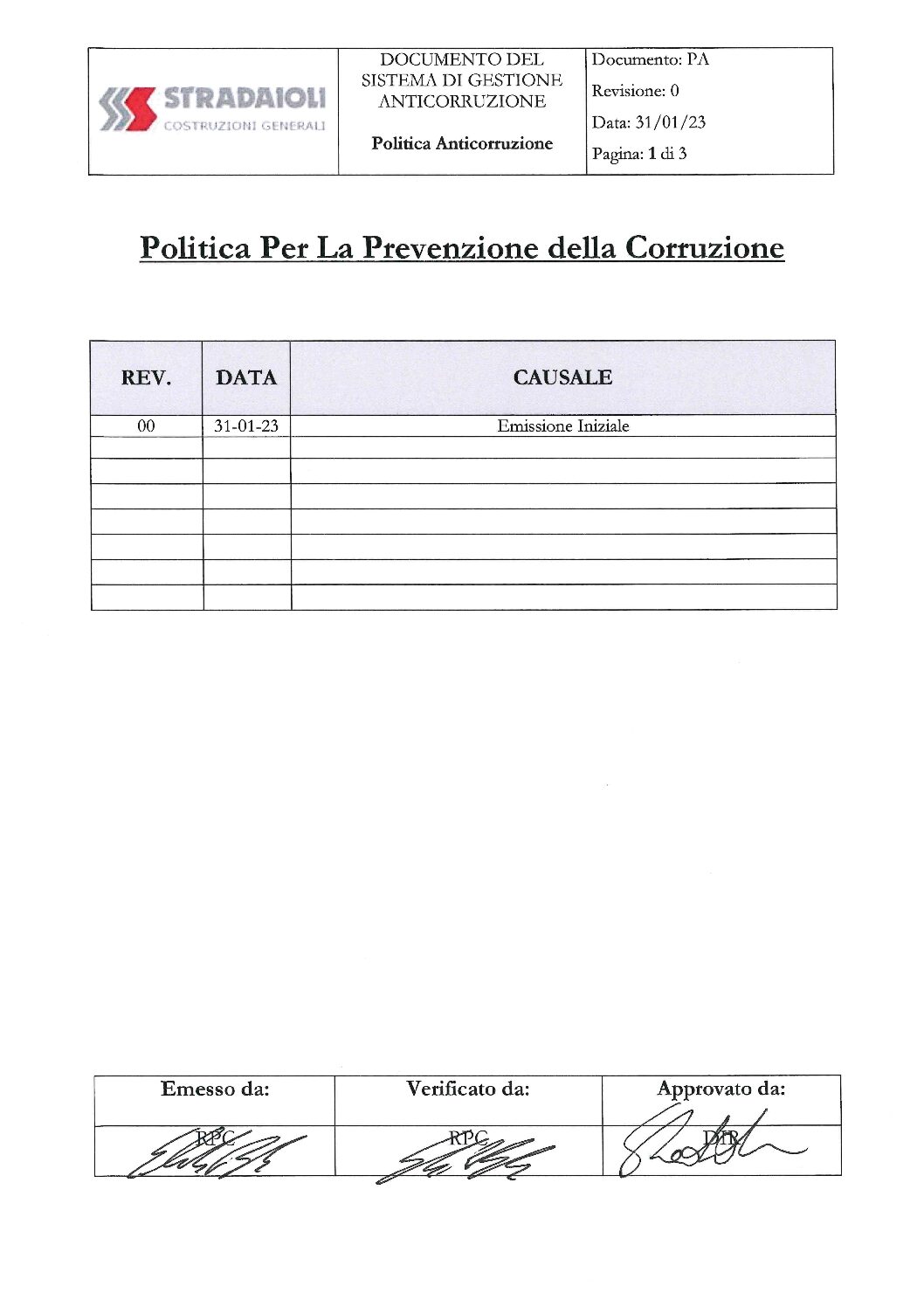 Politica per la prevenzione della corruzione Stradaioli Costruzioni Generali