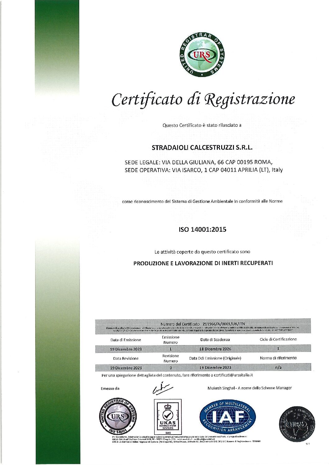 Certificazione Stradaioli Calcestruzzi – ISO 14001 – Sistema di Gestione Ambientale