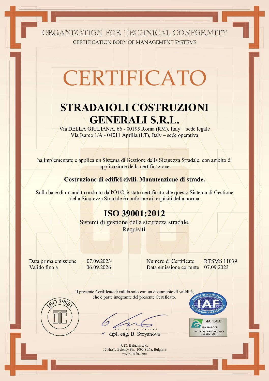 Certificazione Stradaioli Costruzioni Generali – ISO 39001 – Sistema di Gestione della Sicurezza Stradale