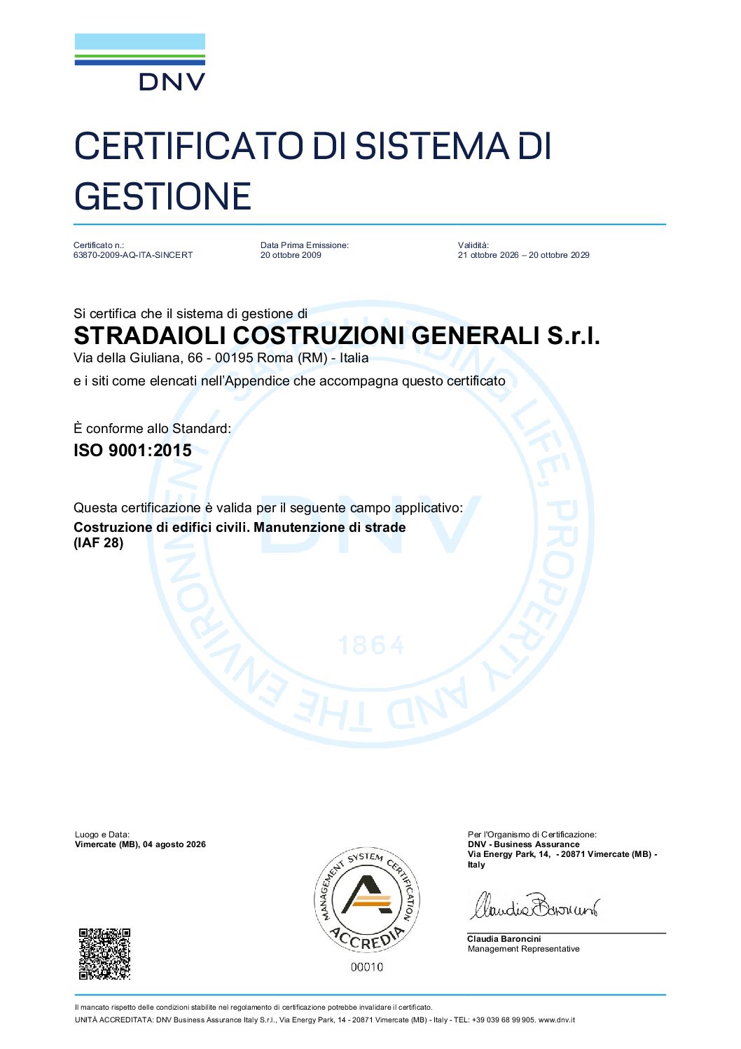Certificazione Stradaioli Calcestruzzi – ISO 9001 – Sistema di Gestione Qualità