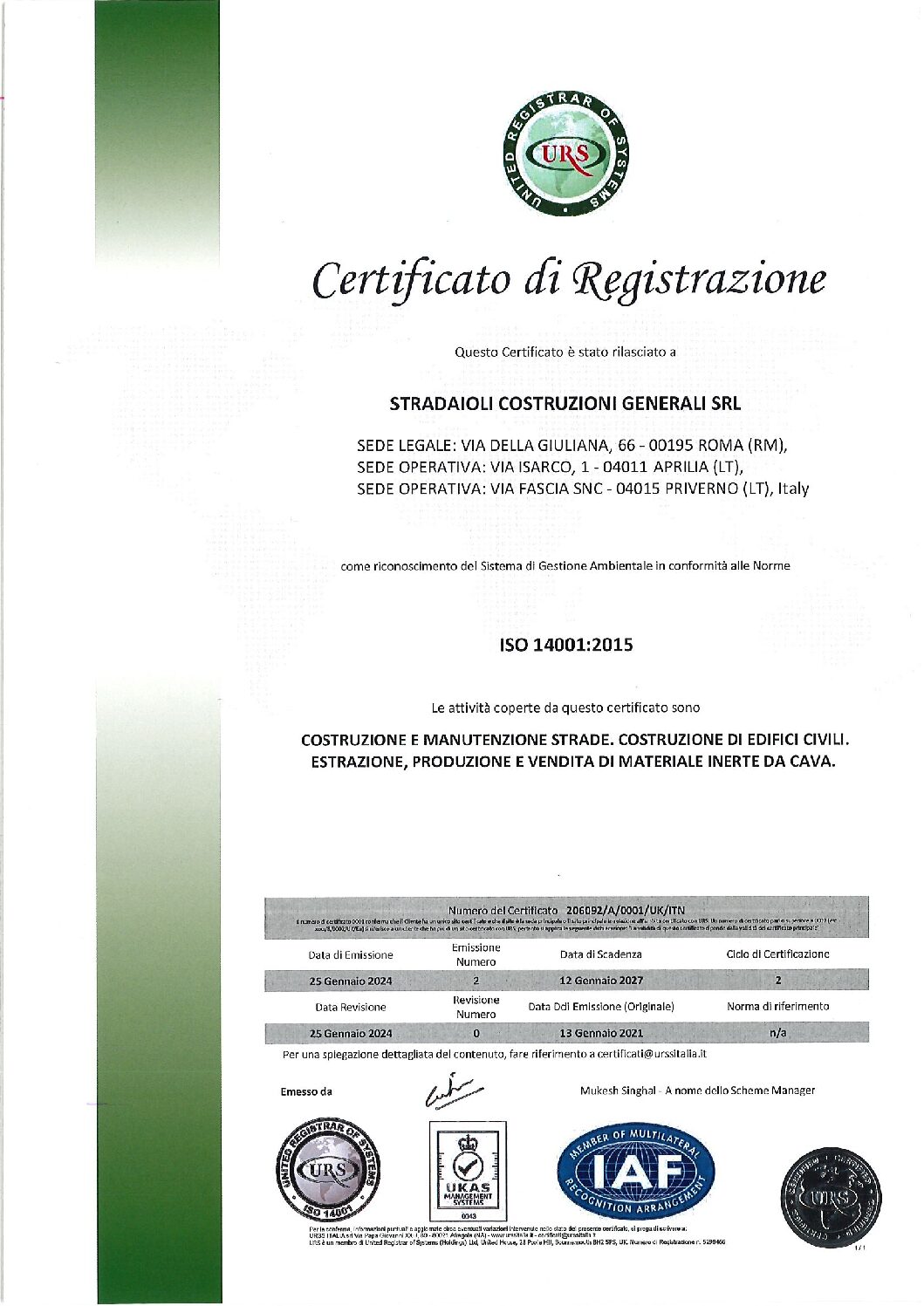 Certificazione Stradaioli Costruzioni Generali – ISO 14001 – Sistema di Gestione Ambientale