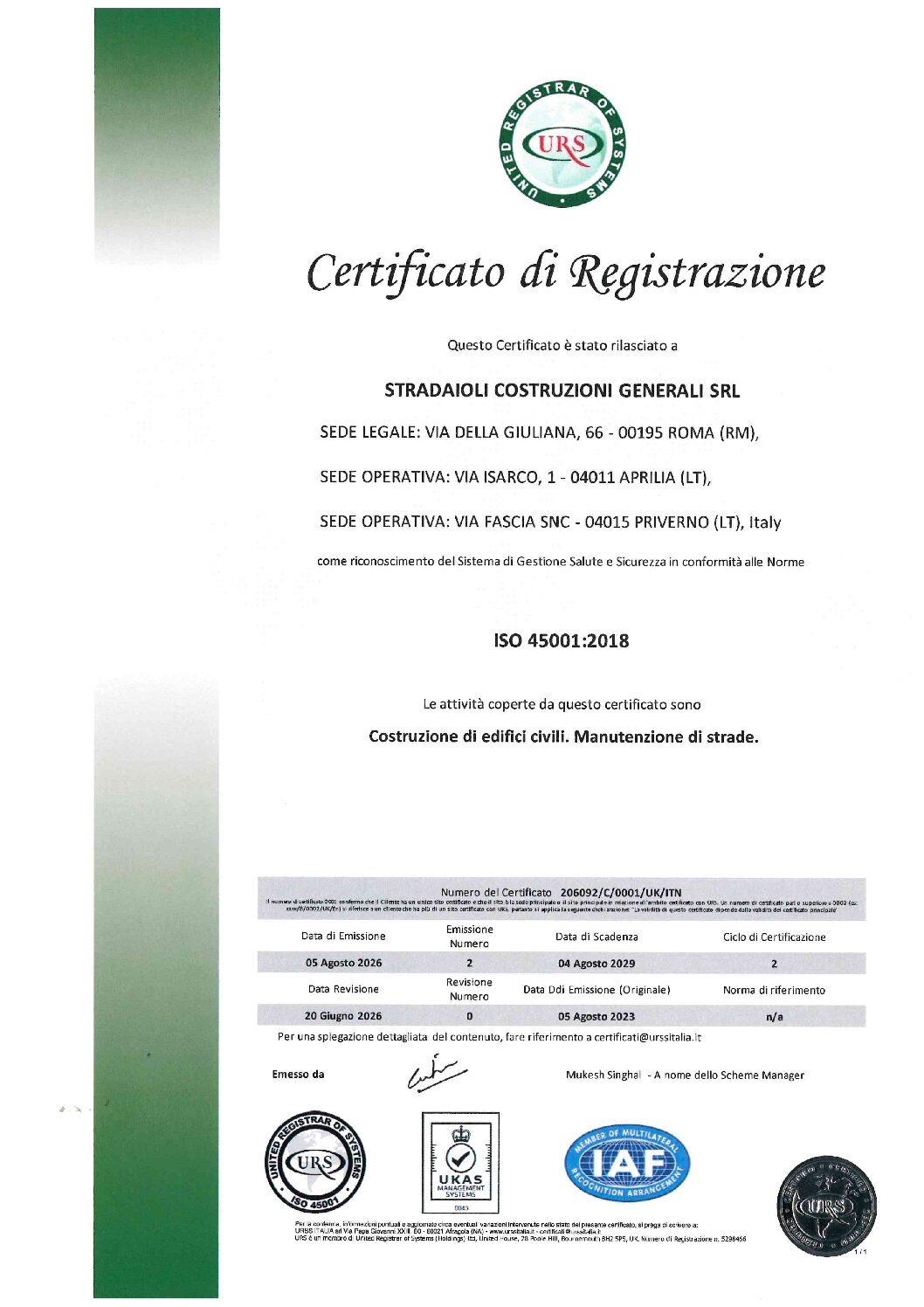 Certificazione Stradaioli Costruzioni Generali – ISO 45001 – Sistema di Gestione Salute e Sicurezza