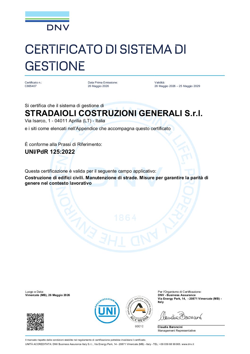 Certificazione Stradaioli Costruzioni Generali – UNI/PDR 125 – Parità di genere